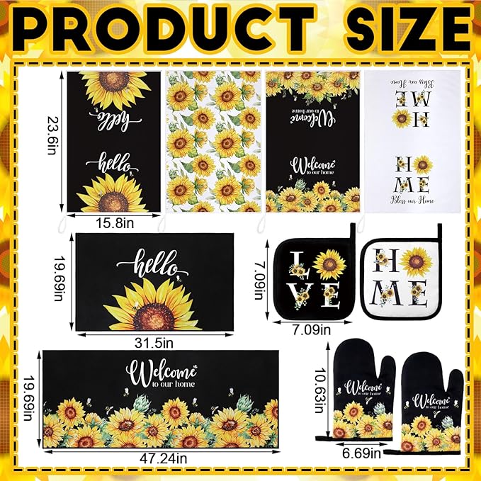 10 Pcs Sunflower Kitchen Dish Towels Rugs Oven Mitts and Pot Holders Set Farmhouse Kitchen Decor Set for Women Mom Daughter Gift Cooking Baking Grilling (Bright Black Yellow)