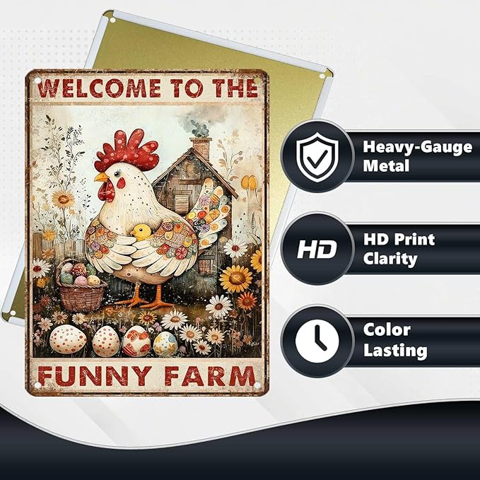 Chicken Metal Sign Chicken Coop Metal Decor Welcome To The Funny Farm Tin Signs Vintage Farmhouse Poster Rustic Wall Decor For Home Farm Poultry House Cafe Kitchen Bar Yard Gate 16 * 12 In