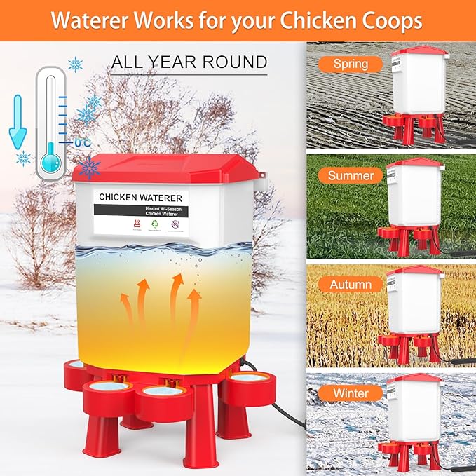 Hanging Heated Chicken Waterer, 3 Gallon Plastic Chicken Water Heater Heated Poultry Drinker, Detachable Legs, Winter and Summer Dual-use, Poultry Water Heater for Chicken Goose Duck - Red