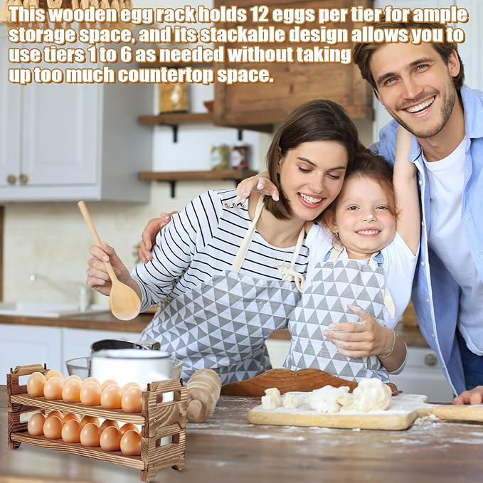 Maxcheck 6-Tier Stackable Wooden Egg Holder, Large Capacity for 72 Eggs, Countertop Storage Rack with Handles for Kitchen Organization and Fridge, Farmhouse Easter Egg Display