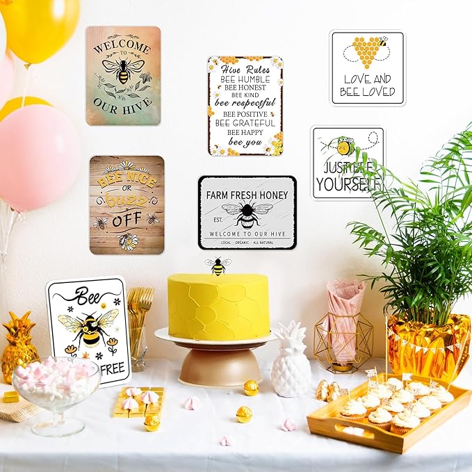 WERNNSAl 9PCS Bee Birthday Party Decorations - Honey Bee Signs Decoration for Kids Girls Farm Bee Birthday Party Funny Bumble Bee Hive Decor for Happy Bee Day Baby Shower Supplies Bee Sign Posters on Garden Home Yard Wall Decor