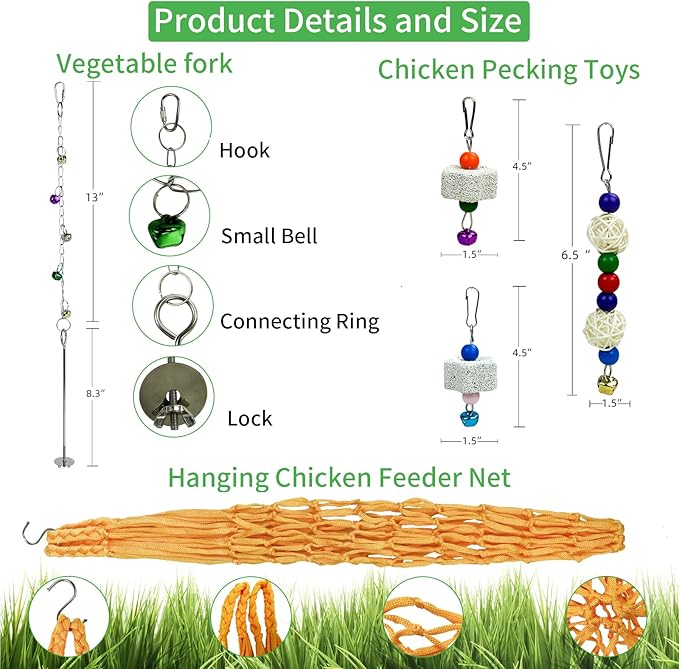 12 Pack Chicken Toys for Hens,Net Mirror Bell Xylophone String Vegetable Fruits Skewer Hanging Ladder Swings Coop Accessories for Hens Bird Parrot