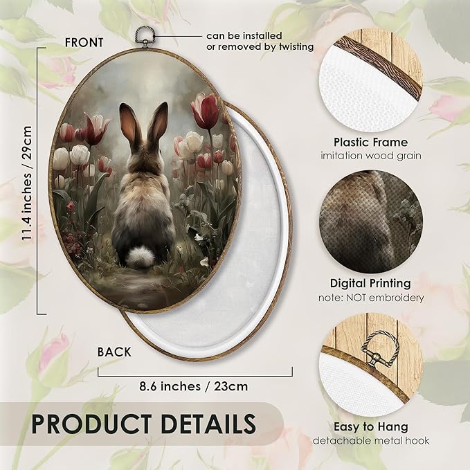 Fewgb Bunny Rabbit Oval Wall Art Decor Framed for Bunny Lovers Gifts, Floral Easter Bunnies Canvas Wall Art Prints Picture, Moody Spring Tulip Farmhouse Hanging Room Decor for Bedroom Nursery 9x12