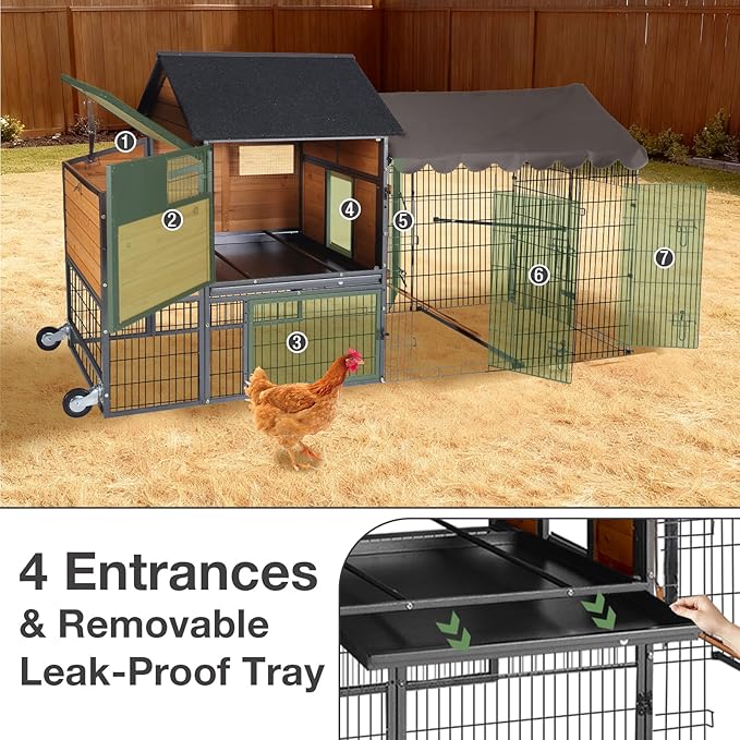 85.6" Chicken Coop with Wheels and Large Run, Heavy Duty Metal Frame Wooden Hen House for 4-6 Chickens, Mobile Poultry Cage with 3 Nesting Boxes, Waterproof Asphalt Roof & Anti-Predator Locks