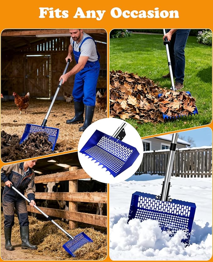 INNOLAND Chicken Poop Scooper & Rake with 3-Angle Adjustable Sifting Shovel, 12" Stainless Steel Chicken Coop Scoop for Sand, 22-64" No-Bend Poultry Litter Cleaner for Chicken Coop & Animals House