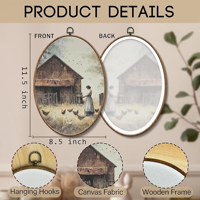 Yorhifa Vintage Chicken Barn Framed Wall Art, Antique Farmhouse Chicken Oval Wall Art, Moody Cottagecore Countryside Oval Walls Decor, Rustic Country Animal Canvas Artwork Hanging Decor, 8.5x11.5in