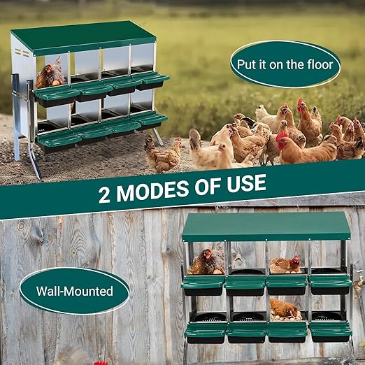 Garvee Chicken Nesting Boxes, 8 Hole Metal Chicken Laying Box with Removable Trays and Roll Out Egg Collection for Chicken Coop, with Metal Legs, Green