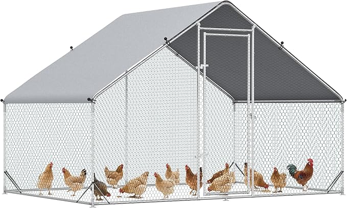 PawHut Large Chicken Coop Metal Chicken Run with Waterproof and Anti-UV Cover, Spire Shaped Walk in Fence Cage Hen House for Outdoor and Yard Farm Use, 1" Tube Diameter, 9.8' x 6.6' x 6.6'