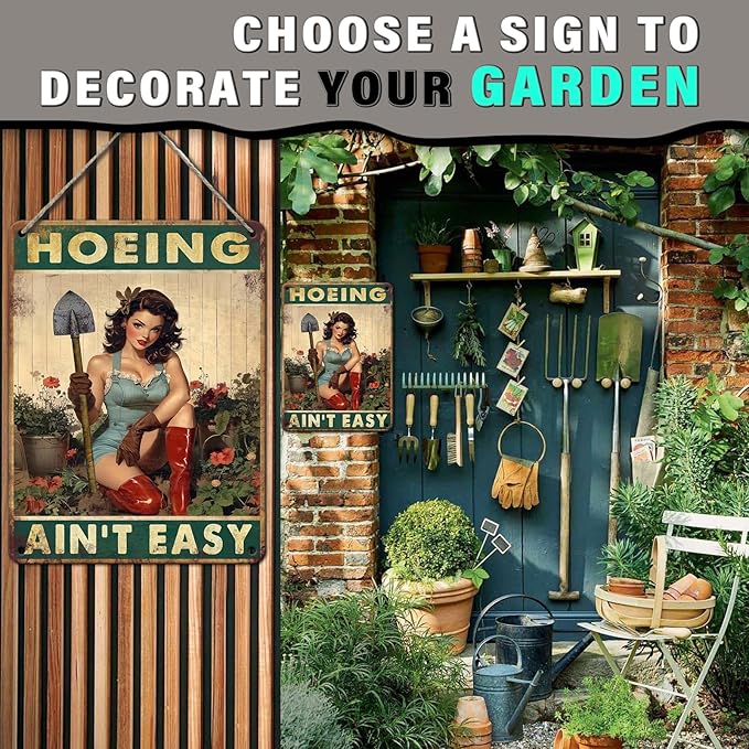 PEACHGARDEN Hoeing Ain't Easy Vintage Garden Signs for Outside Retro Rustic Aluminum Tin Poster Funny Gardening Gift for Women Outdoor Wall Art Decor for Plant & Gardening Lovers 12x16inch