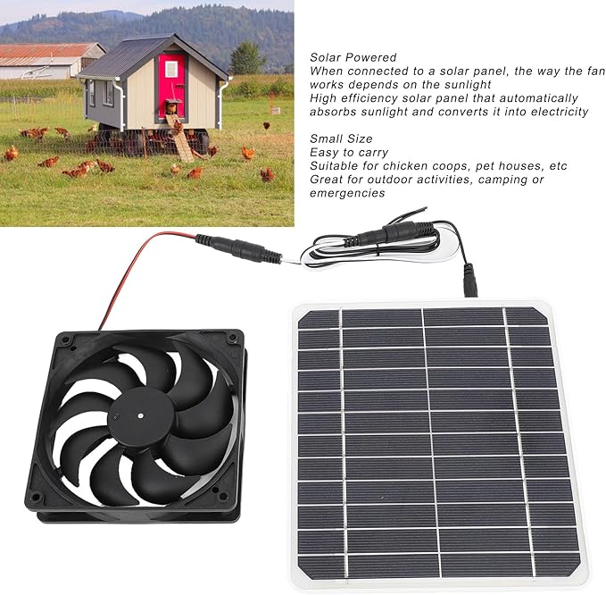 Alomejor 20W Solar Powered Exhaust Fan Quiet Portable Monocrystalline Panel for Chicken Coop Pet House