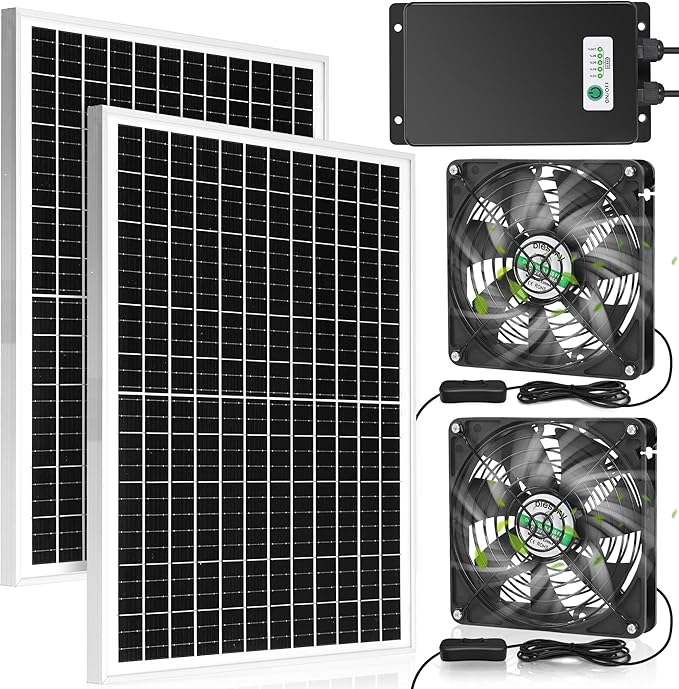 5.5" Solar Rechargeable 2 Fan Kit for Intake or Exhaust air, Weatherproofed 50W Solar Powered Fans for Outside Chicken Coops, Greenhouses, Shed, Pet House Air Ventilation