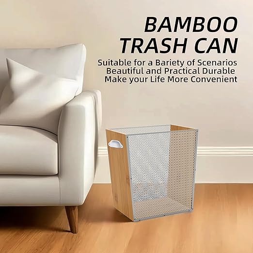 2 Gallon Bamboo-Wooden Trash Can - Rustic Office Waste Paper Basket - Decorative Garbage Bin for Bedroom, Bathroom, Kitchen, Living Room