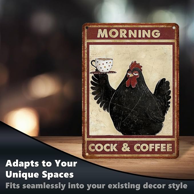 Funny Chicken Metal Signs Coffee Decor Morning Cock And Coffee Tin Signs Vintage Kitchen Metal Decor Rustic Wall Art For Home Farmhouse Coop Farm Poultry House Cafe Bar Office 16 * 12 In