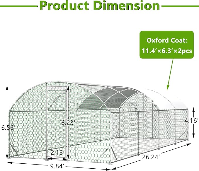 KEIKI Metal Chicken Coop, Metal Chicken Run with Waterproof Cover, Farm Poultry Run Hutch Hen House, Heavy Duty Outdoor Walk-in Chicken Pen for Poultry Duck Rabbit, 26ft x 9ft x 6ft
