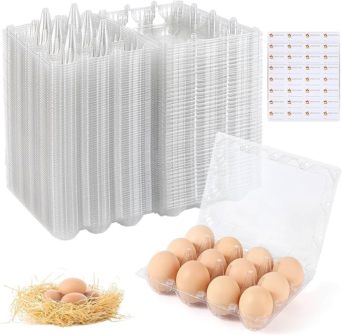 Egg Cartons 60 Pieces, Egg Cartons Cheap Bulk, Eggs 12 Count, Clear Plastic Reusable Egg Tray Container Holder for Family Pasture Chicken Farm Refrigerator Storage, Business Market with Sticker Labels