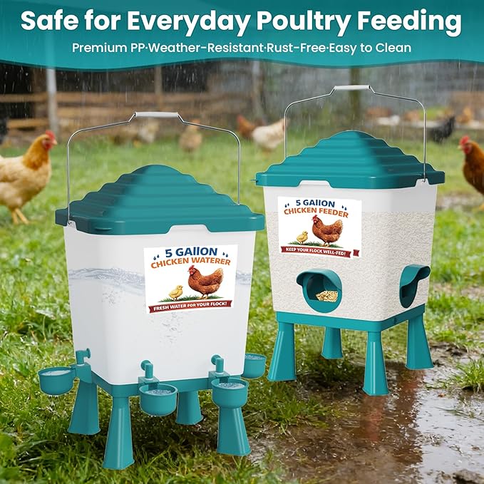 Chicken Feeder and Waterer Set, 5 Gallon Automatic Chicken Waterer with Cups, 40LB Large Chickens Feeders No Waste, Chicken Coop Accessories, Poultry Feeder & Chicken Watering System for Ducks, Quails