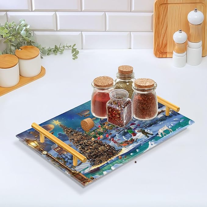 Bathroom Vanity Tray Counter Organizer, Winter Christmas Village Decorative Tray with Handles Countertop Storage for Bathroom Bedroom Kitchen Home Farmhouse