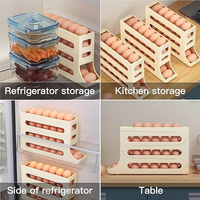 30 Eggs Egg Holder for Fridge,4 Tiers Egg Container,Auto Rolling Fridge Egg Organizer for Refrigerator,Space-Saving Egg Dispenser Holder,Fridge Egg Rack (Yellow, 1pack)