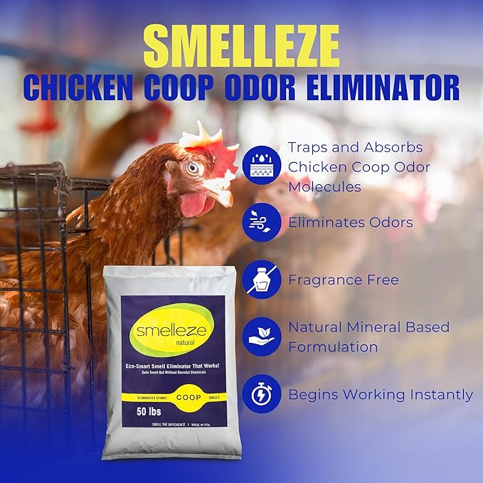 SMELLEZE Natural Chicken Coop Odor Eliminator Granules, Sprinkle in Chicken Coop, Bedding, Run, Pen, Nest & Yard - Unscented, Flock Safe Chicken Coop Deodorizer - 50 lbs.