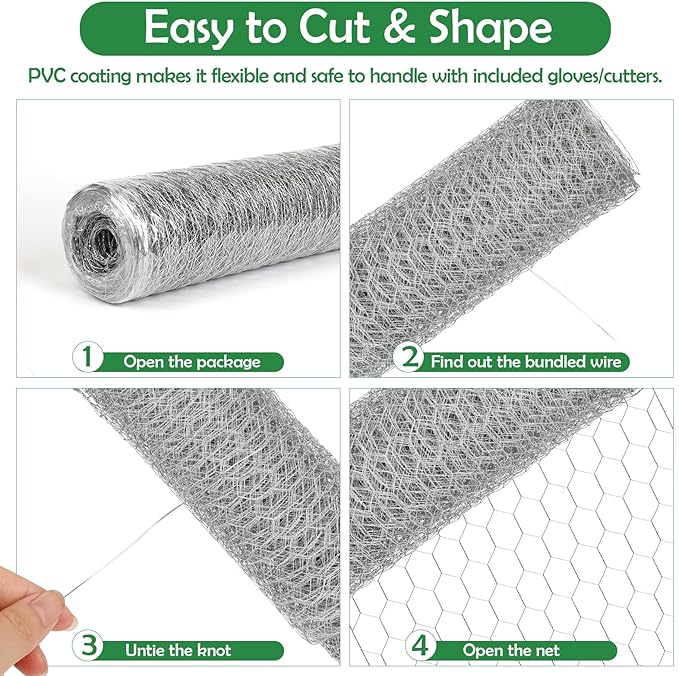 Floral Chicken Wire for Craft, 15.7 Inch x 75 FT Lightweight Galvanized Hexagonal Chicken Wire Netting, Silver Chicken Wire Fence for Garden Poultry Chicken Wire Mesh with Gloves, Wire Ties, Plier