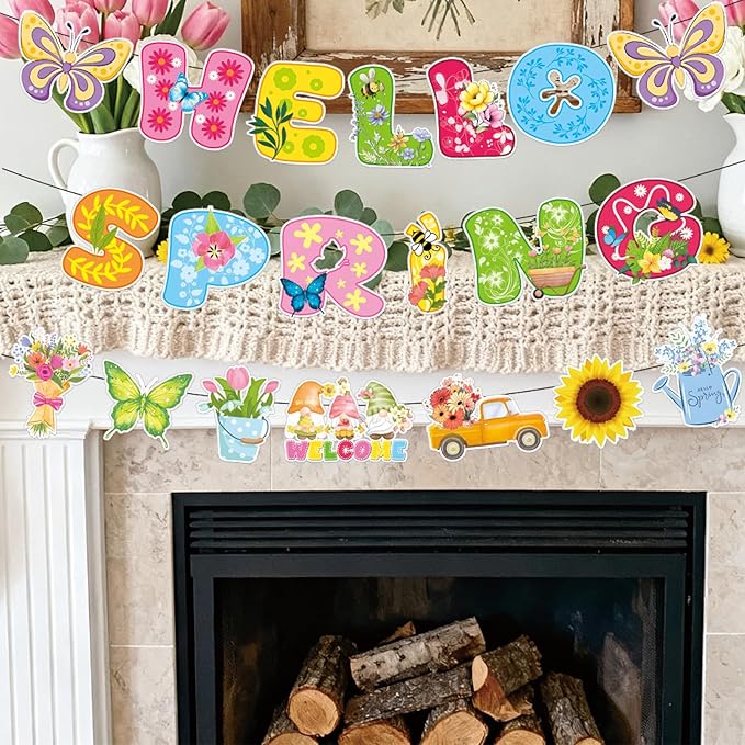 3Pcs Pre-Strung Hello Spring Banner for Classroom Office Spring Easter Hanging Decorations