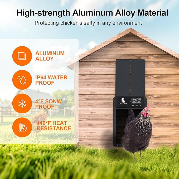 Automatic Chicken Coop Door, Aluminum Chicken Coop Door with Anti-Pinch Feature, Automatic Chicken Door with LCD Display, Solar Chicken Coop with Timer & Light Sensor (Black)