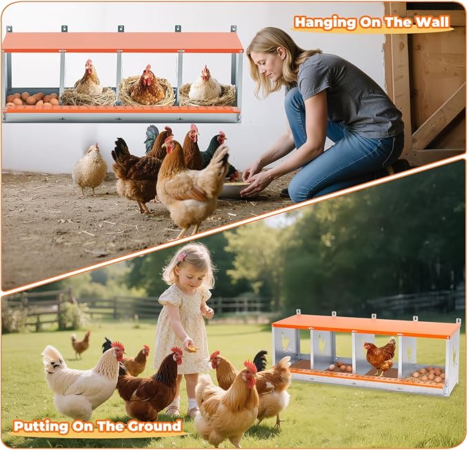 Chicken Nesting Box, 4 Compartment Metal Nesting Boxes for Chickens, Wall Mountable Chicken Laying Boxes, Easy Egg Collection, with Nesting Pads, Indoor & Outdoor Use, 42.5" L x 17" W x 15" H