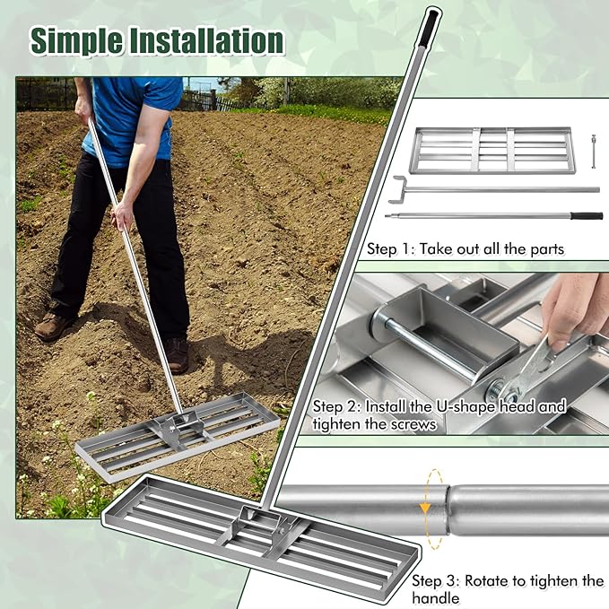Happygrill Lawn Leveling Rake, Heavy Duty Lawn Level Tool for Soil w/67” Handle, Dirt Ground Leveler, Effort-Saving Landscape Rake for Garden, Backyard, Golf Course, Farm, Pasture (36" x 10", Silver)