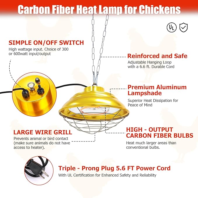 Heat Lamp for Chickens,300W-600W Dual-Temperature Chicken Coop Heater,Carbon Fiber Heating Element,Aluminum Alloy Shade & 6.6' Hanging Chain for Winter Poultry Warmth