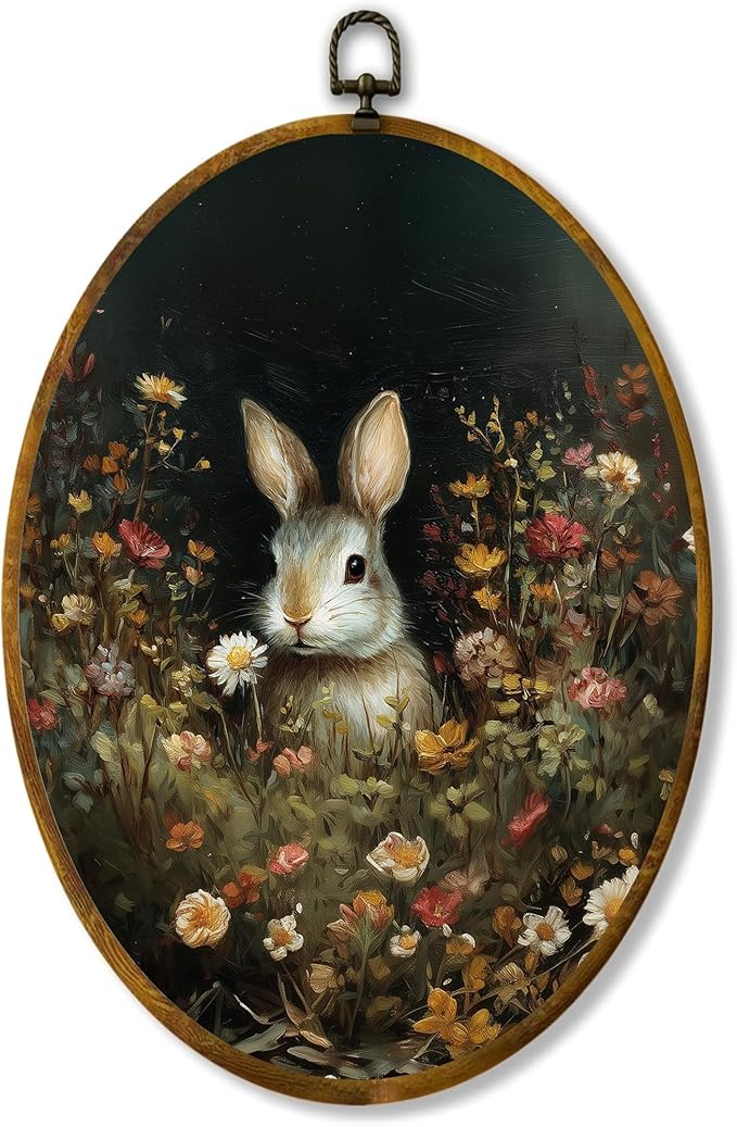Spring Rabbit Canvas Wall Art Print, Wildflower Floral Animal Painting on High-Density Canvas with Pre-Installed Hook, 8.6 x 11.4 Inch Wall Decor for Bedroom, Living Room, Study, Gift for Art Lovers