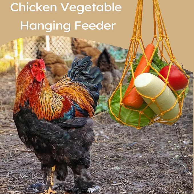 Chicken Vegetable Hanging Feeder 2PCS, Reusable String Bag Net Hanging Feeder for Chickens Ducks Coops Toy, Enrichment Toys, Treat Holder, No Waste Poultry Accessory(Yellow)