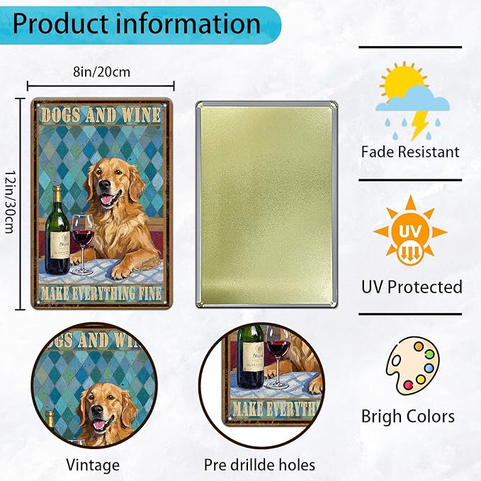 Funny Dog Wine Poster Metal Tin Sign Dogs And Wine Make Everything Fine Iron Tin Sign 12x8 Inch Home Kitchen Garden Restaurant Wall Decor