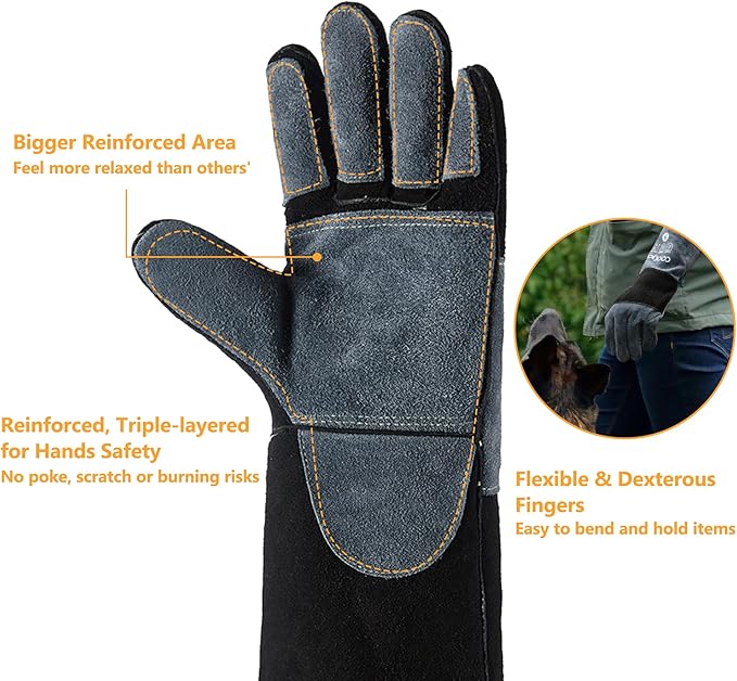 COOLJOB Kevlar Bite Proof Animal Handling Gloves for Cat Grooming, Dog Training, Leather Protective Gloves for Men, 16/22"