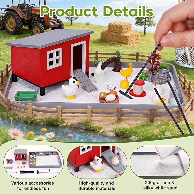 Chicken Zen Garden for Desk - 20Pcs Desk Zen Garden Kit with Coop, Sand, Hen Figurines & Rakes for Office Decor, Meditation and Stress Relief, White Elephant Gifts for Chicken Lovers