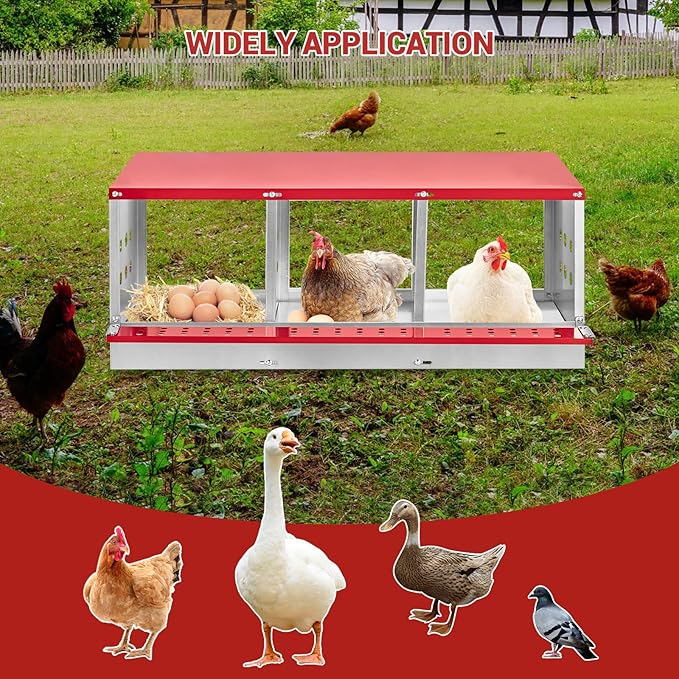 Metal Chicken Nesting Boxes - 3 Hole Wall-Mountable Laying Boxes with Roll-Away Egg Collection, Weatherproof Galvanized Steel, for Chicken Coop, Red
