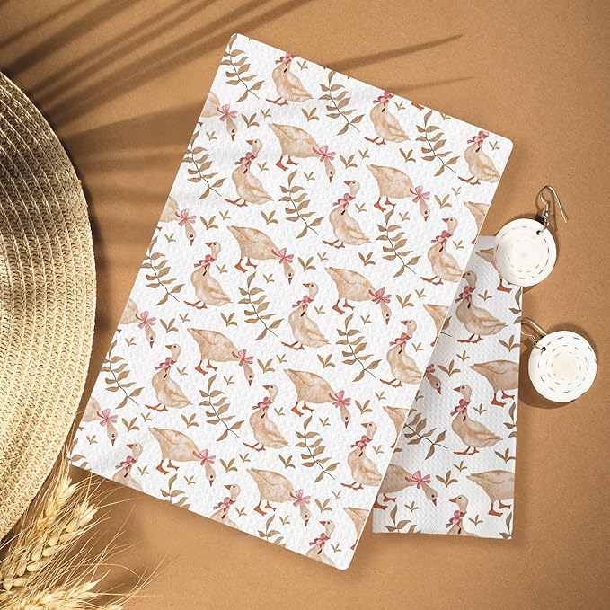 Coquette Pink Bow Silly Goose Kitchen Towels, Rustic Botanical Goose Decorative Hand Towels for Bathroom, Cottagecore Farm Animal Dish Tea Towels for Kitchen Decor, 16x24 Inches