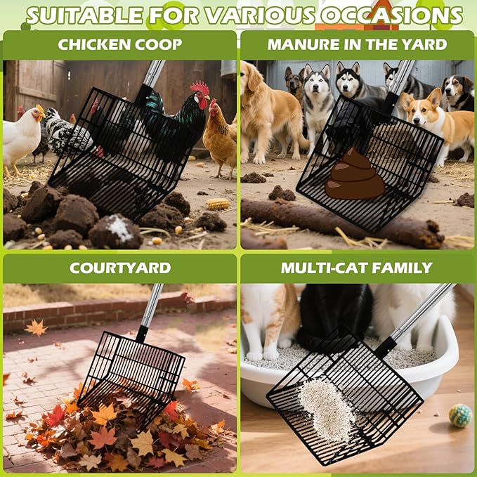 EXPAWLORER Large Chicken Poop Scooper, Adjustable Pet Coop Rake with Stainless Steel Long Handle, Heavy Duty Litter Sifting Sand Sifter Shovel Cleaning Tool Cat Chicken Coop Accessories (22"-68")