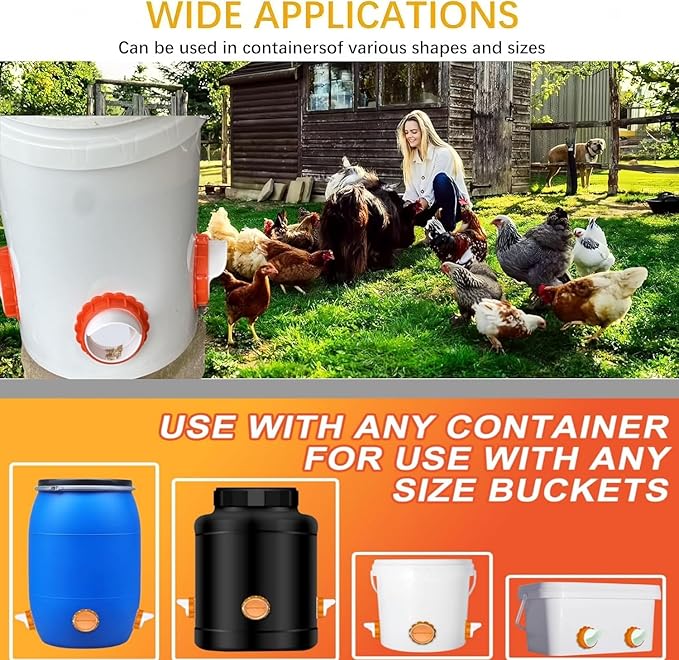 DIY Chicken Feeders No Waste, Automatic Poultry Feeder 6 Ports 1 Hole Saw with Covers Gravity Feed Kits for Buckets Barrels Bins Troughs （Orange）