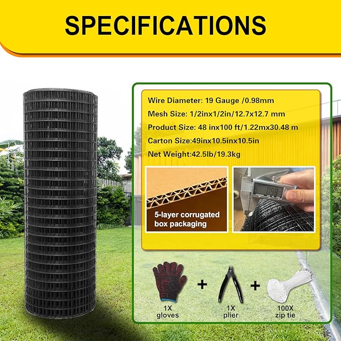 Black Hardware Cloth 1/2inx48inx100ft, Chicken Wire Fencing, 19Gauge, Vinyl PVC Coated Mesh, Welded Wire mesh, Perfect for Gopher Wire, Rodent Mesh, Tree Guard, Chicken Coop