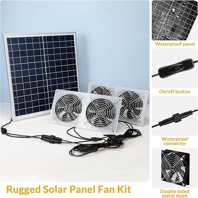 Solar Exhaust Fans Kit with 4 Fans 20w Waterproof Solar Panel + High Speed Dual Exhaust Fan Solar Panel Powered Fan with On/Off Switch for Chicken Coop, Shed Cooling Ventilation Project