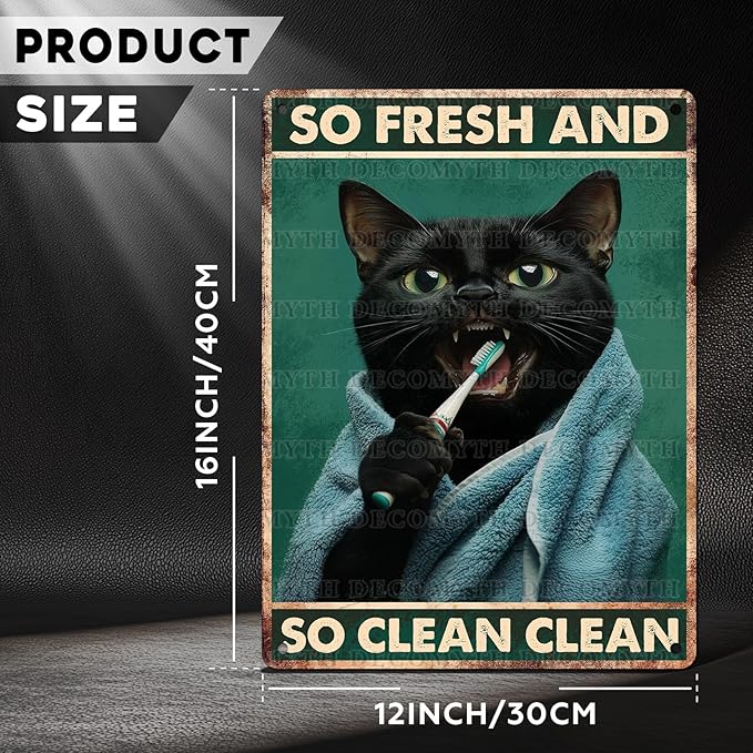 Vintage Black Cat Tin Sign So Fresh And So Clean Clean Retro Wall Decor Decorations for Home Funny Cats Lovers Poster Indoor Store Cafe Toilet Bathroom Restroom Bar Pubs Farmhouse 12 * 16inch