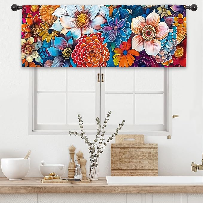 Bohemian Colorful Flower Kitchen Curtain Valance 54W x 18L Inch Blossom Botanical Plant Vintage Rod Pocket Short Cafe Small Window Treatment Drapes Decor