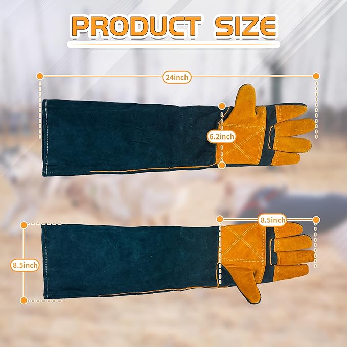 24" Leather Animal Handling Gloves, Multipurpose Bite Proof Gloves for Handling Reptiles, Grooming, Veterinary Visits, Puncture & Scratch Resistant for Dog Cat Bird Falcon Livestock Snake