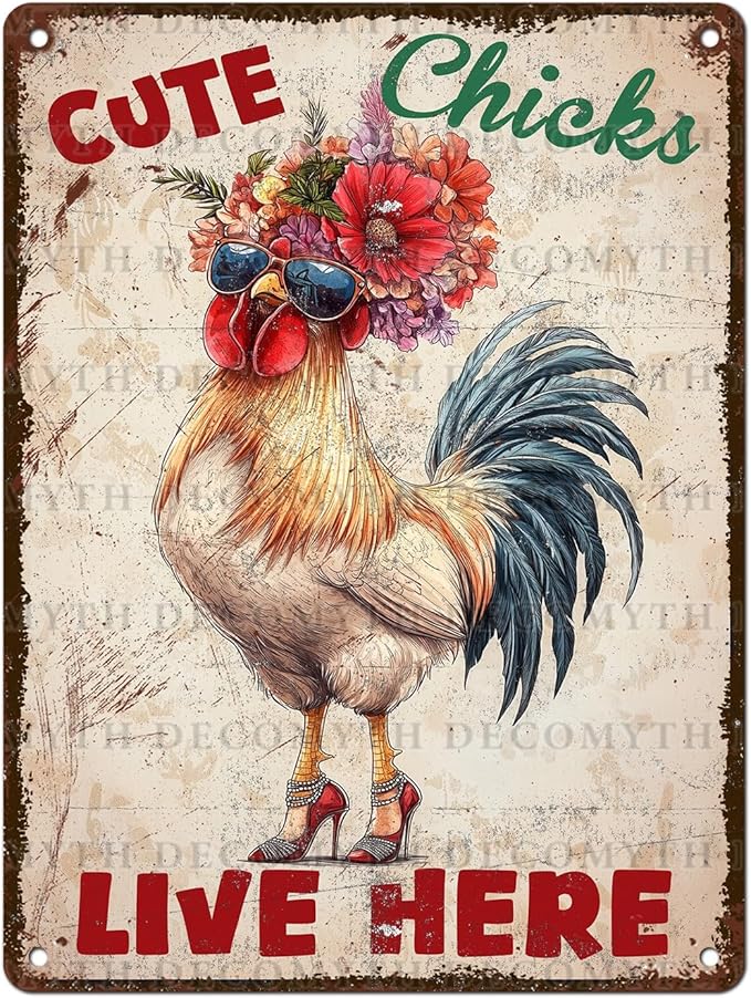 Vintage Chicken Coop Tin Sign Cute Chicks Live Here Retro Metal Poster Funny Pet Lovers Wall Art Accessories for Coop Shop Bar Farmhouse Garden Plaque Farm Room Bathroom Restroom 12 * 16inch