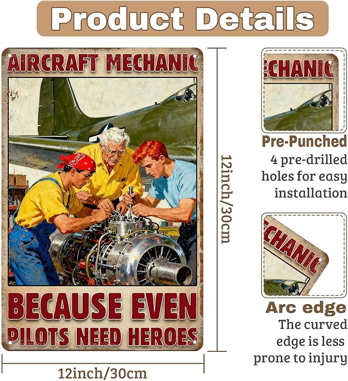 Vintage Aircraft Mechanic Tin Sign ‘Because Even Pilots Need Heroes’ Rustic Metal Wall Art–8x12 Inch Decor For Home,Garage,Bar,Bedroom,Or Man Cave