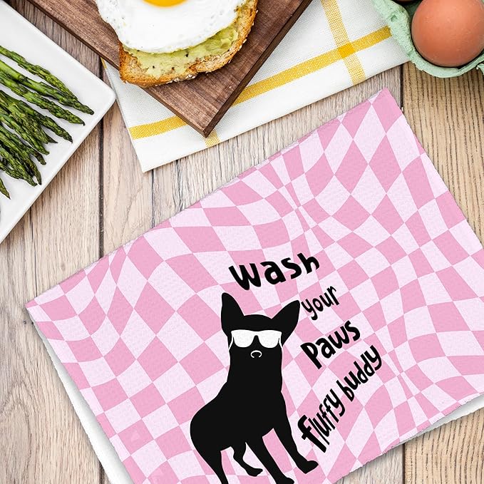Pink Cute Dog Chihuahua Bathroom Kitchen Towels, Funny Wash Your Paws Hand Towel for Girly Room, Chihuahua Gifts for Dog Lovers, Trendy Preppy Checkered Dish Towels Decor for Dorm 16x24in
