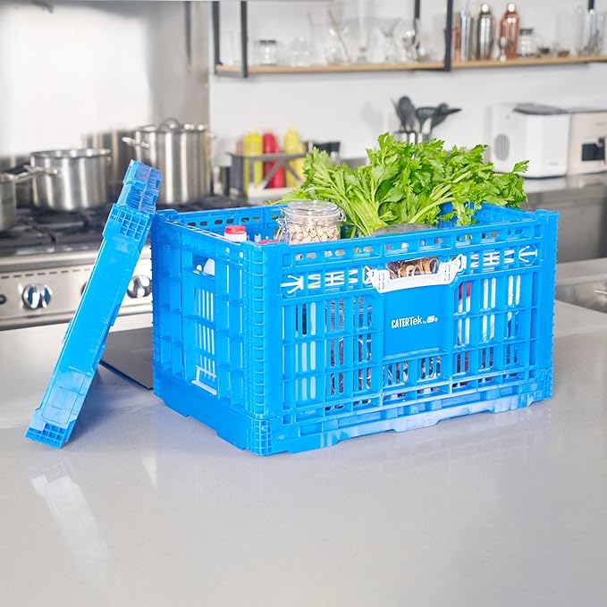 Restaurantware Plastic Milk Crates for Storage - 10 Pack - Cater Tek Stackable Storage Buns for Organizing - Collapsible Storage Basket for Groceries, Home Supplies, Blue