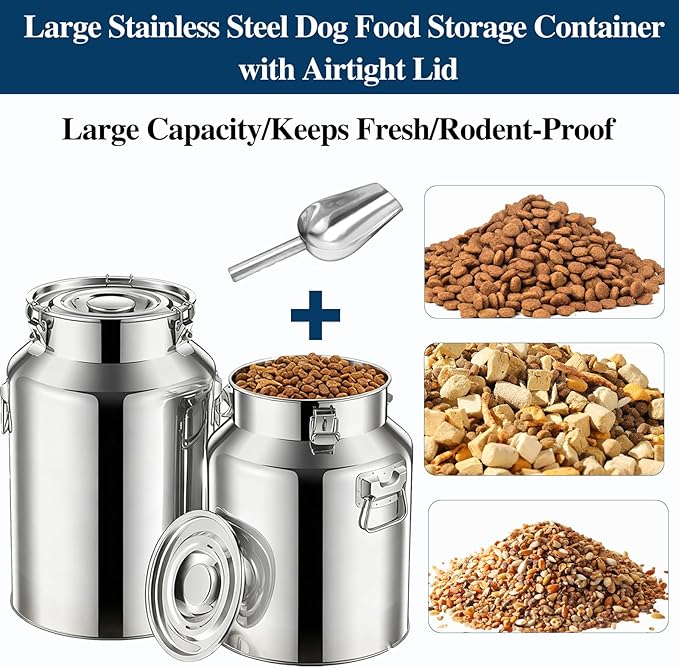 15 Lbs Stainless Steel Dog Food Storage Container with Scoop, Large Metal Dog Food Bin with Airtight Lid & Locking Clamp, Pet Treat Jars for Dogs & Cats, Keep Fresh, Easy to Clean