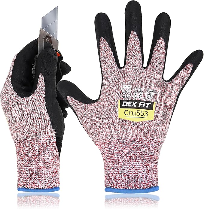 DEX FIT Level 5 Cut Resistant Gloves Cru553-3D Comfort Fit, Power Grip Foam Nitrile, Touchscreen, Thin & Breathable - Durable Safety for Mechanic, Glass, Metal; Red, L (9), 1 Pair