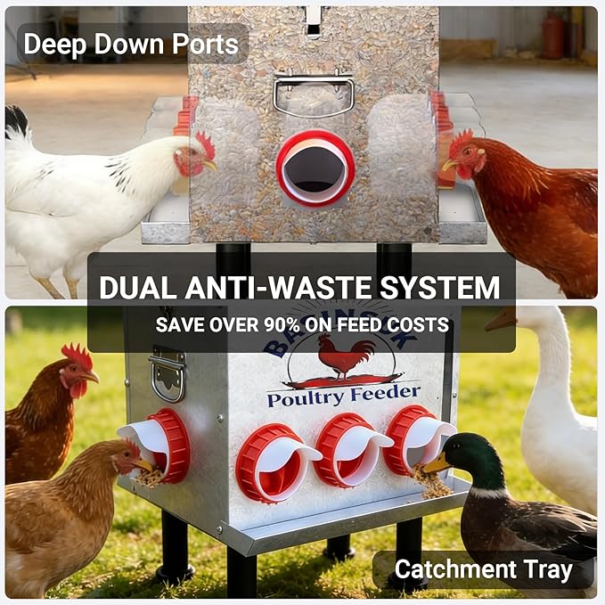 10Gal 55lb Automatic Chicken Feeder 8 Ports, Large Metal Poultry Feeder No Waste Rat-Proof with Window & Catchment Tray, Height Adjustable Waterproof Rust-Proof for Backyard Coop Duck Turkey